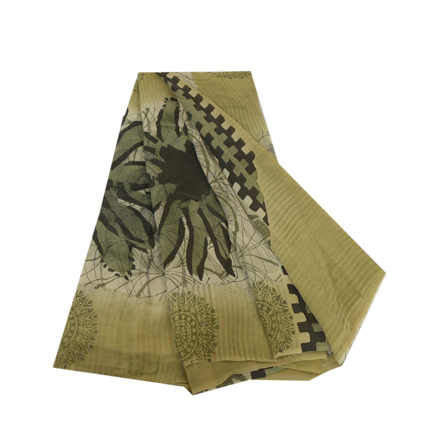Sanskriti Vintage Sarees Pastel Lime-Green Pure Georgette Printed Sari Sustainable Fabric