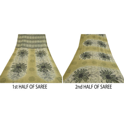 Sanskriti Vintage Sarees Pastel Lime-Green Pure Georgette Printed Sari Sustainable Fabric