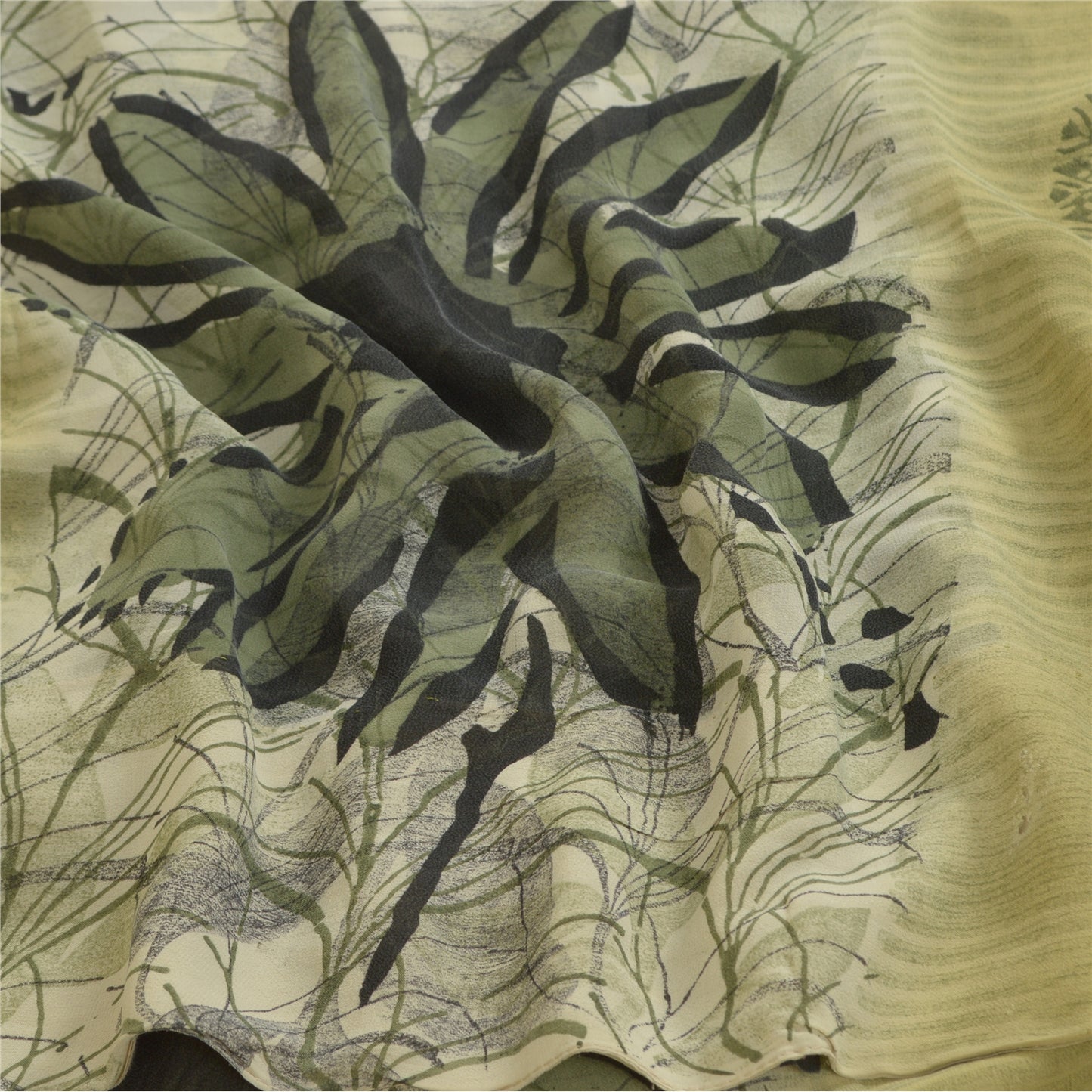 Sanskriti Vintage Sarees Pastel Lime-Green Pure Georgette Printed Sari Sustainable Fabric