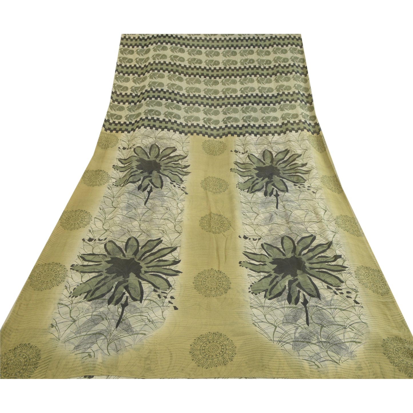 Sanskriti Vintage Sarees Pastel Lime-Green Pure Georgette Printed Sari Sustainable Fabric
