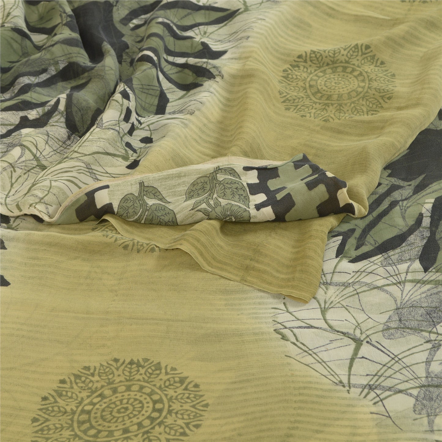 Sanskriti Vintage Sarees Pastel Lime-Green Pure Georgette Printed Sari Sustainable Fabric