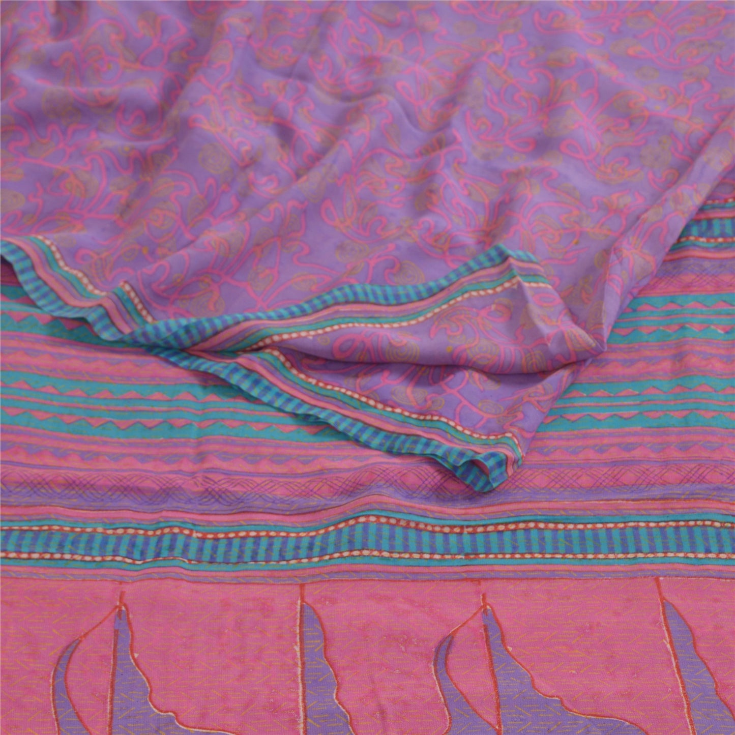 Sanskriti Vintage Sarees Lilla/Pink Ren Georgette Silke Print Sari Håndværk Bæredygtigt Stoff