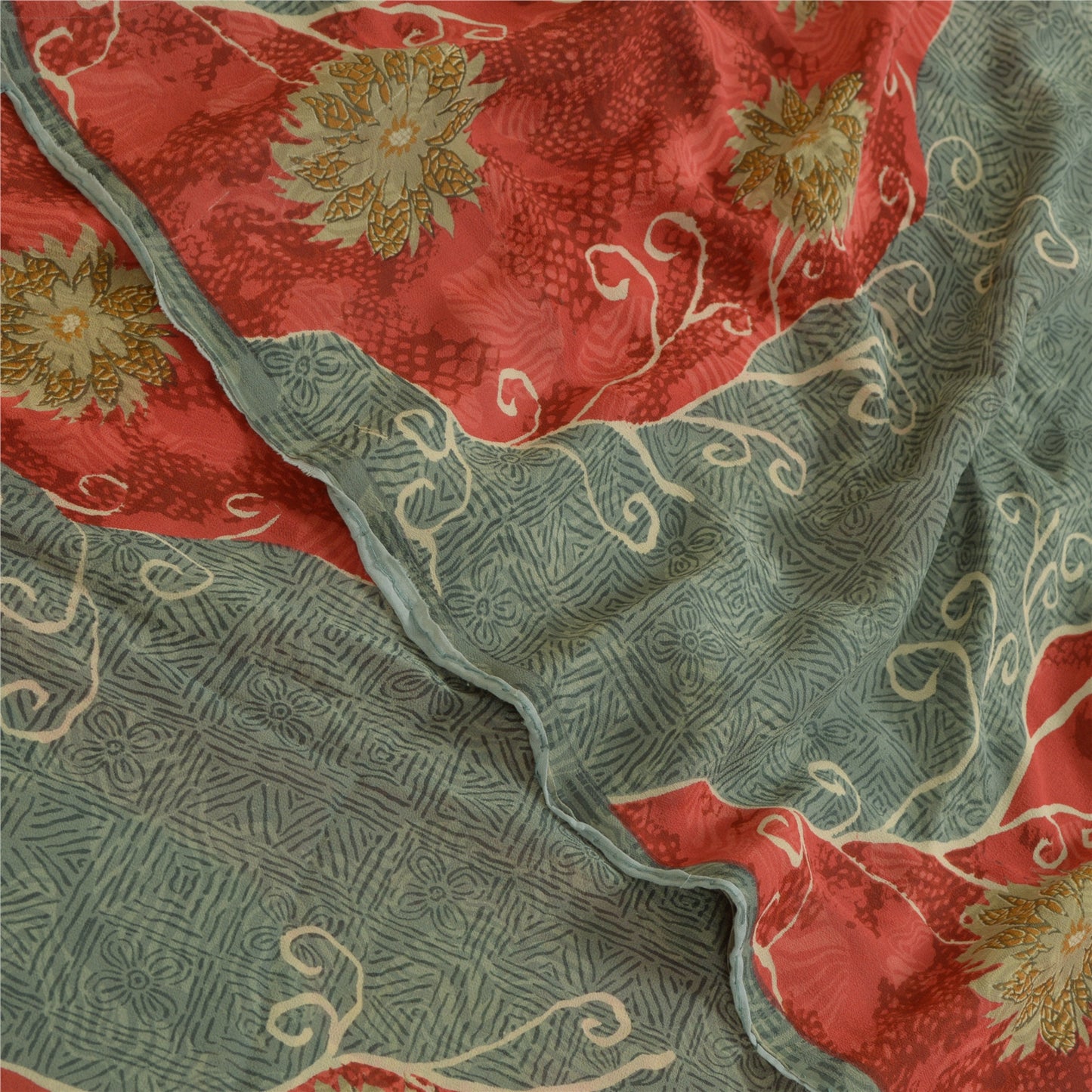 Sanskriti Vintage Sarees Gray/Red Printed Pure Georgette Silk Sari Craft Sustainable Fabric