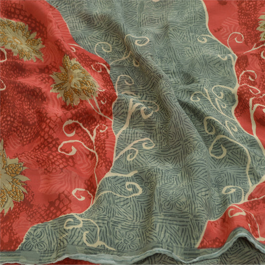 Sanskriti Vintage Sarees Gray/Red Printed Pure Georgette Silk Sari Craft Sustainable Fabric
