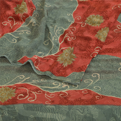 Sanskriti Vintage Sarees Gray/Red Printed Pure Georgette Silk Sari Craft Sustainable Fabric