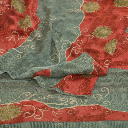 Sanskriti Vintage Sarees Gray/Red Printed Pure Georgette Silk Sari Craft Sustainable Fabric