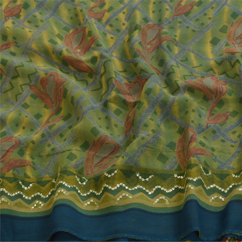 Sanskriti Vintage Sarees Green Hand Beaded Pure Georgette Silk Print Sari Sustainable Fabric
