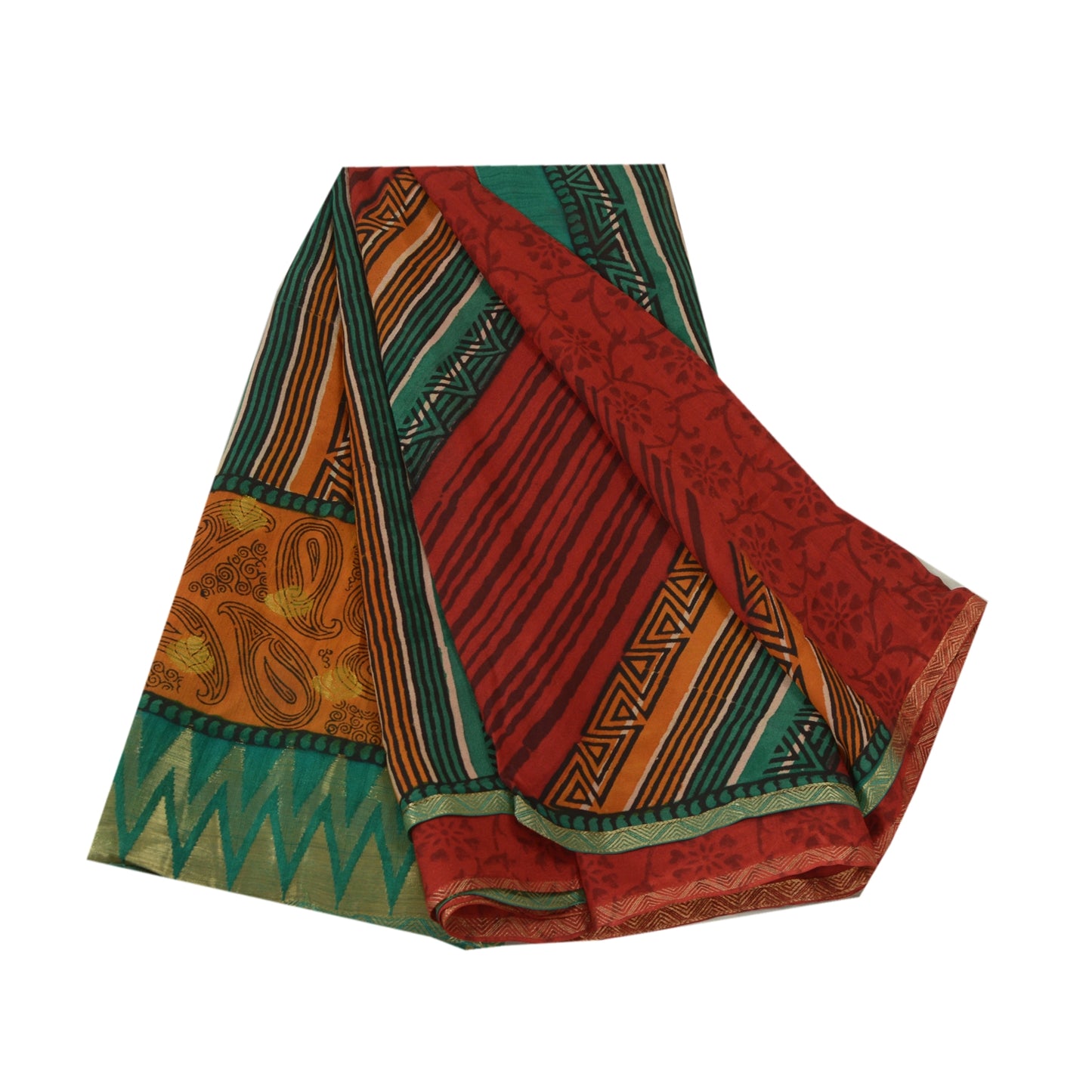 Sanskriti Vintage Sarees Red Pure Georgette Silk Print Woven Border Sari Sustainable Fabric