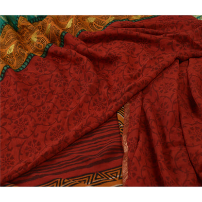 Sanskriti Vintage Sarees Red Pure Georgette Silk Print Woven Border Sari Sustainable Fabric