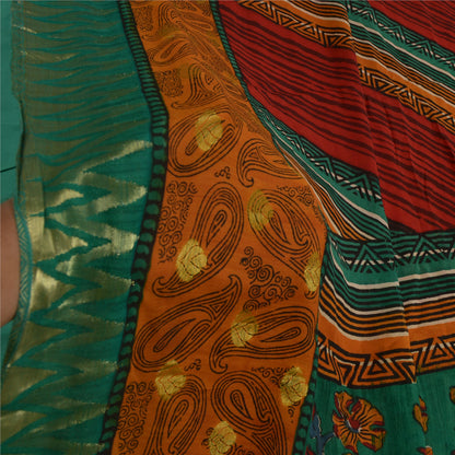 Sanskriti Vintage Sarees Red Pure Georgette Silk Print Woven Border Sari Sustainable Fabric