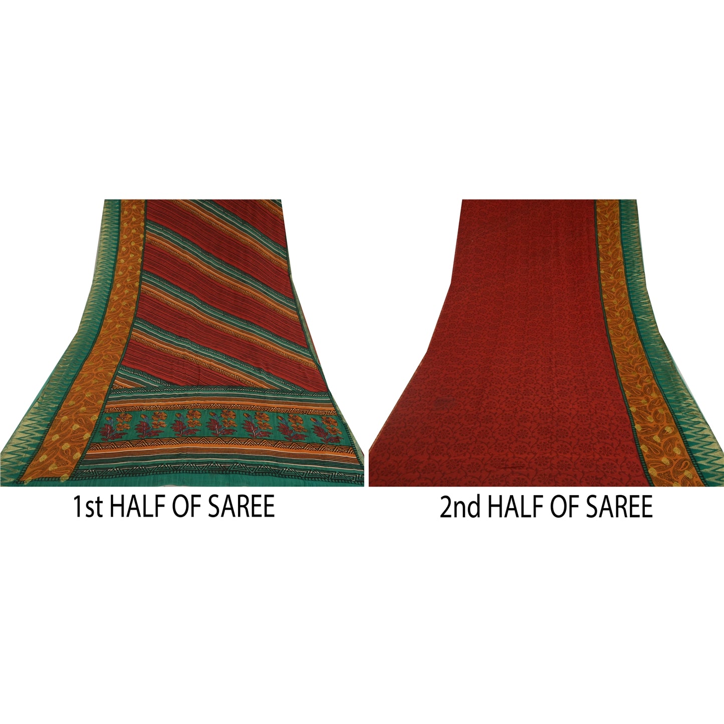 Sanskriti Vintage Sarees Red Pure Georgette Silk Print Woven Border Sari Sustainable Fabric