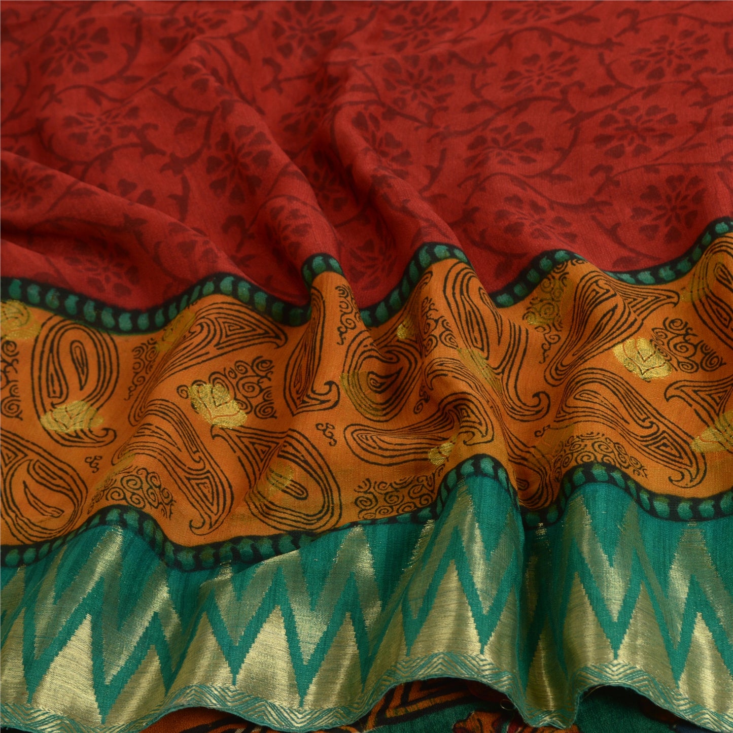 Sanskriti Vintage Sarees Red Pure Georgette Silk Print Woven Border Sari Sustainable Fabric