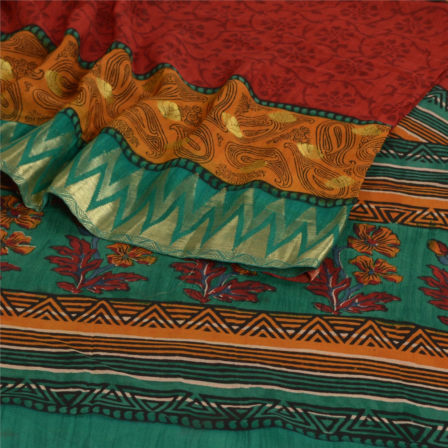 Sanskriti Vintage Sarees Red Pure Georgette Silk Print Woven Border Sari Sustainable Fabric