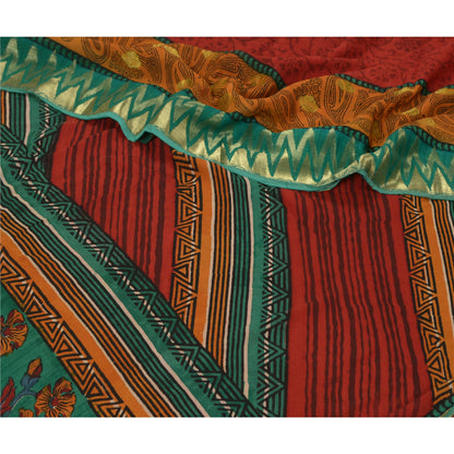 Sanskriti Vintage Sarees Red Pure Georgette Silk Print Woven Border Sari Sustainable Fabric
