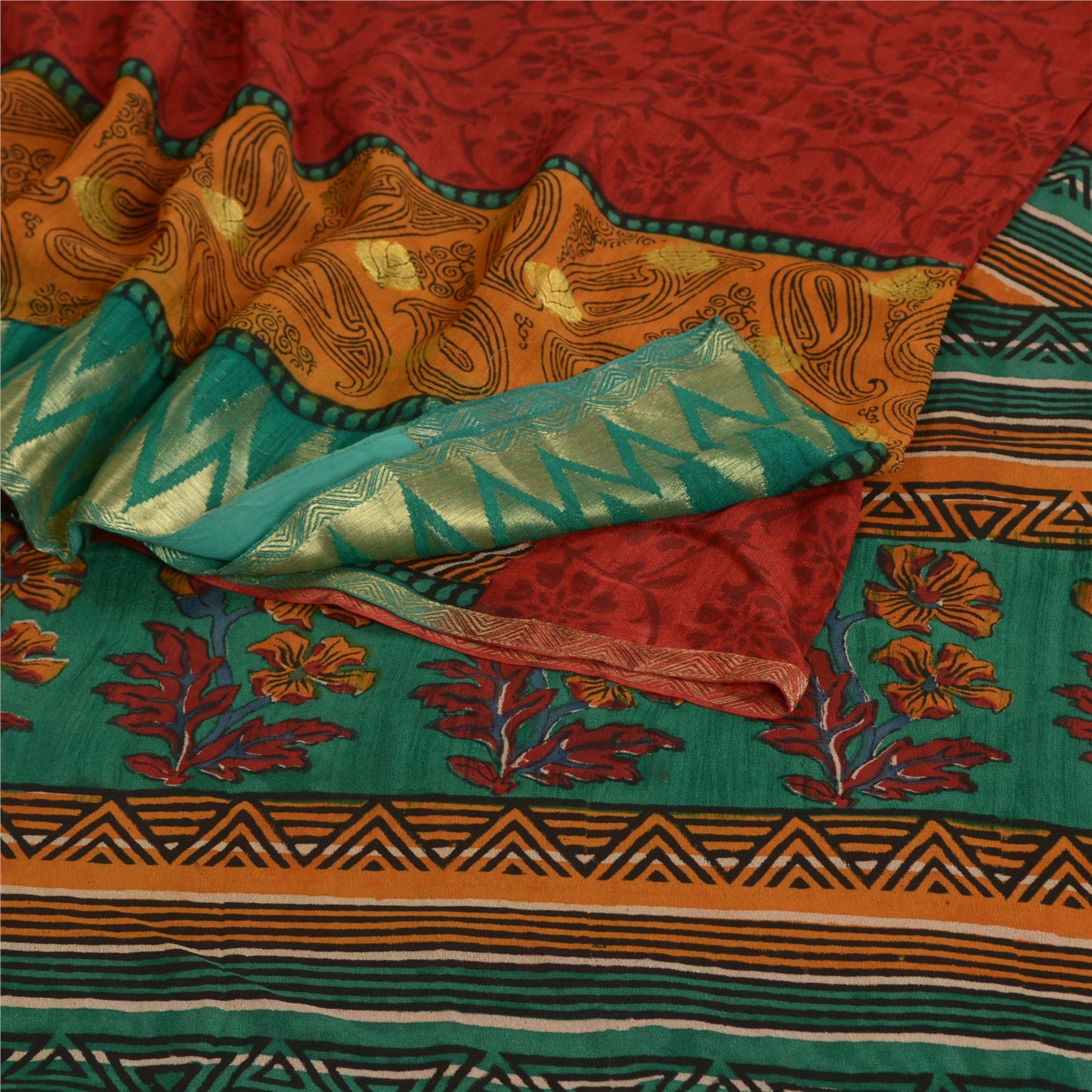 Sanskriti Vintage Sarees Red Pure Georgette Silk Print Woven Border Sari Sustainable Fabric