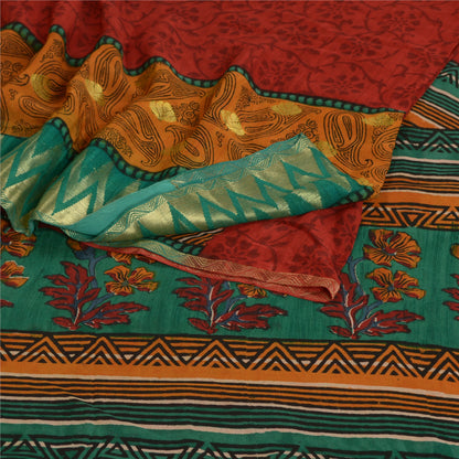 Sanskriti Vintage Sarees Red Pure Georgette Silk Print Woven Border Sari Sustainable Fabric