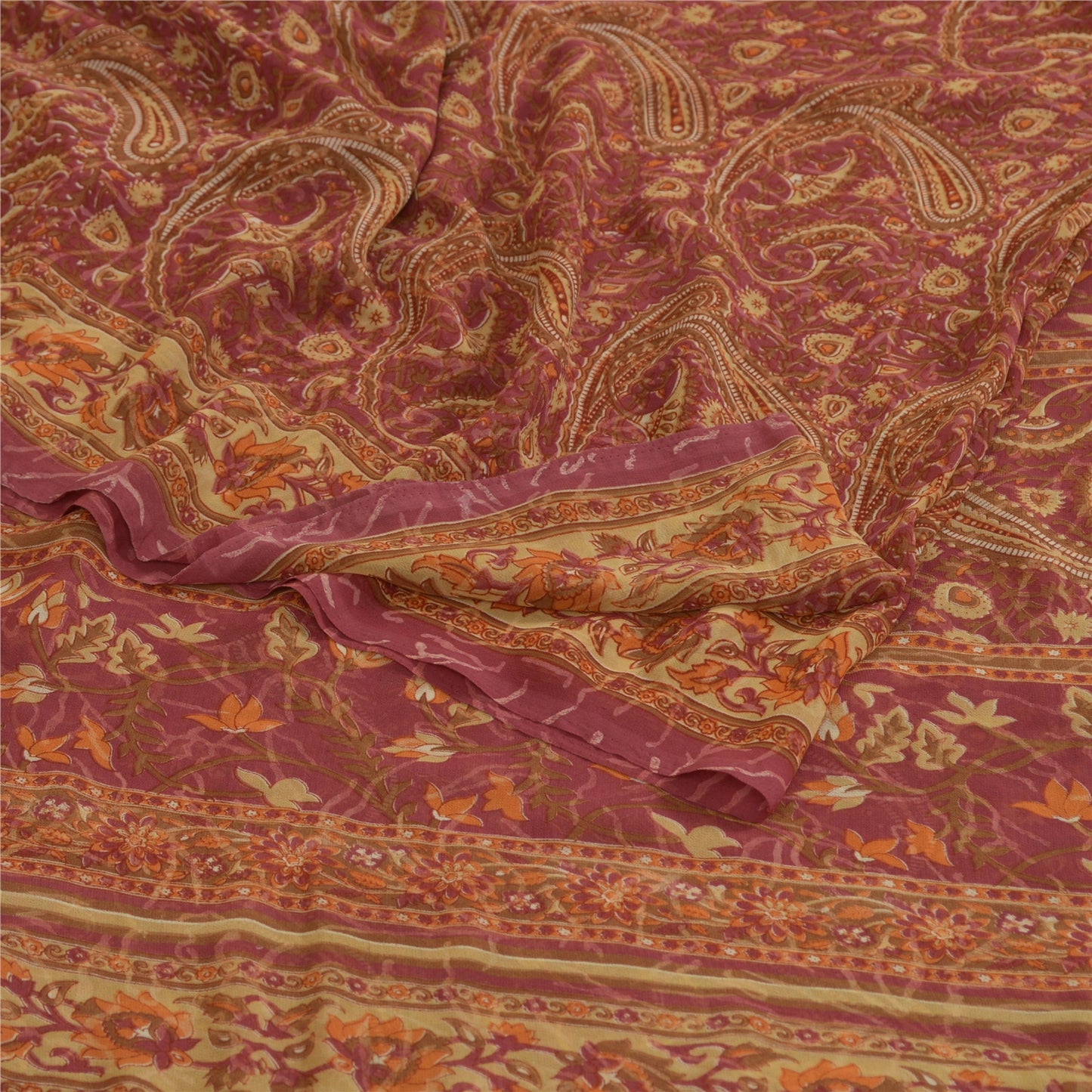 Sanskriti Vintage Sarees Purple Pure Georgette Silk Printed Sari Craft Sustainable Fabric