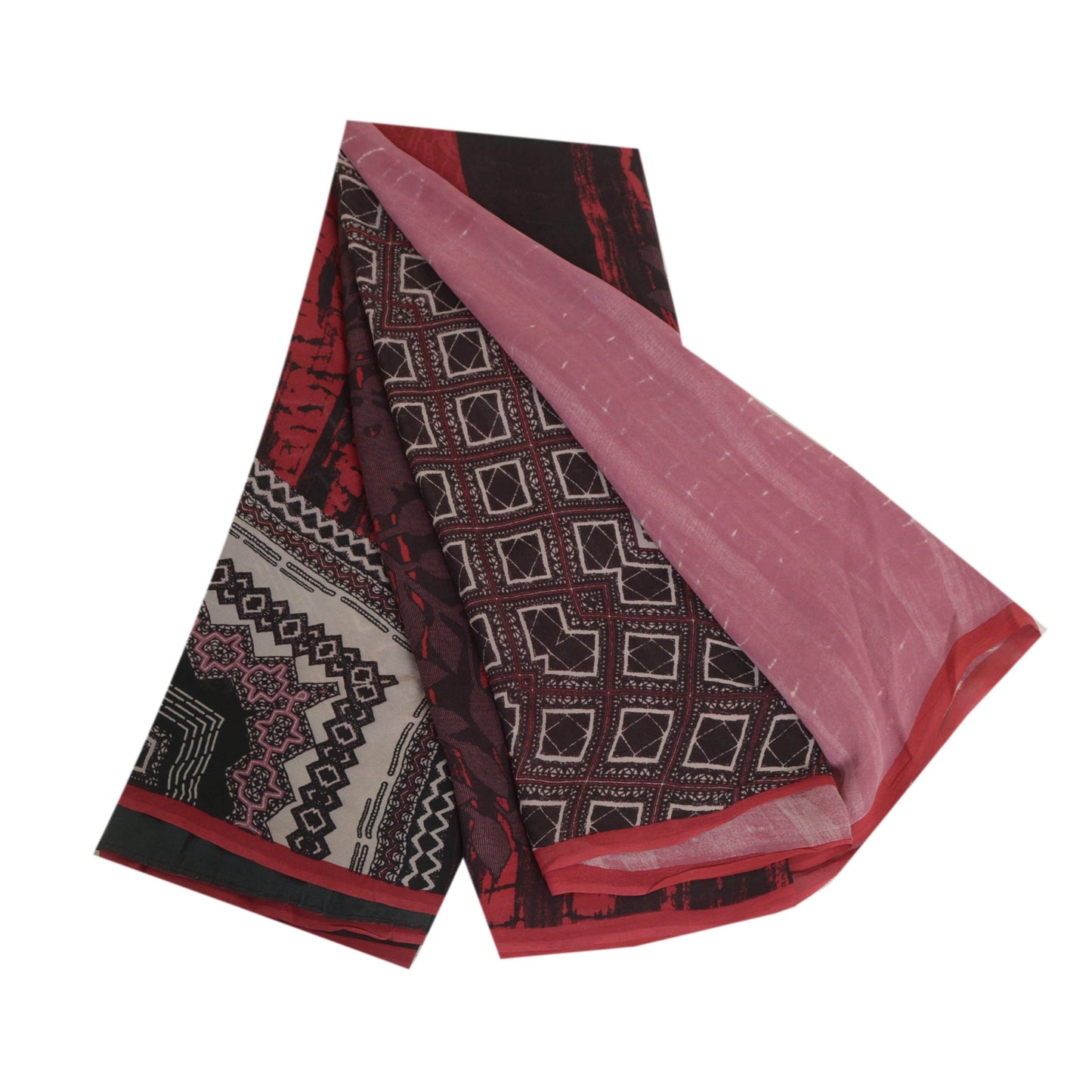Sanskriti Vintage Sarees Pink/Black Pure Georgette Silk Print Sari Craft Sustainable Fabric