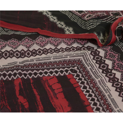 Sanskriti Vintage Sarees Pink/Black Pure Georgette Silk Print Sari Craft Sustainable Fabric
