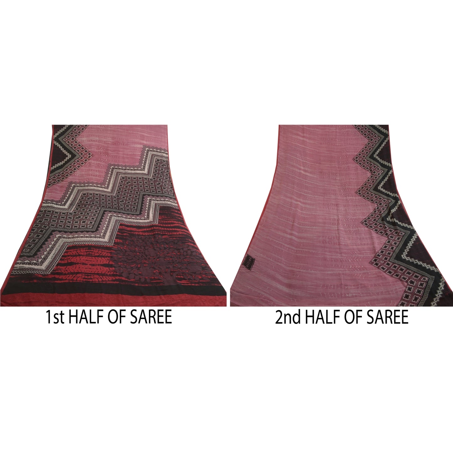 Sanskriti Vintage Sarees Pink/Black Pure Georgette Silk Print Sari Craft Sustainable Fabric