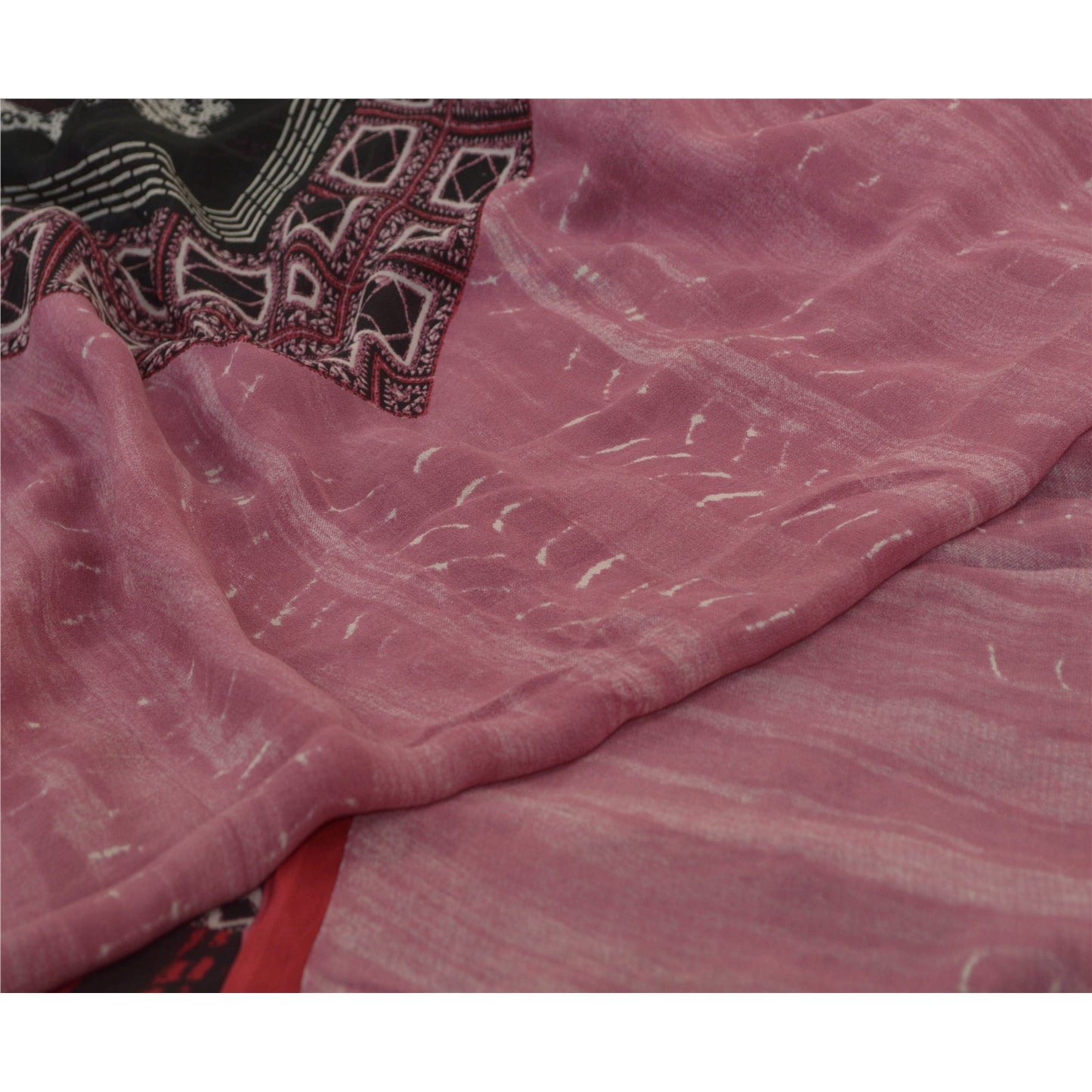 Sanskriti Vintage Sarees Pink/Black Pure Georgette Silk Print Sari Craft Sustainable Fabric