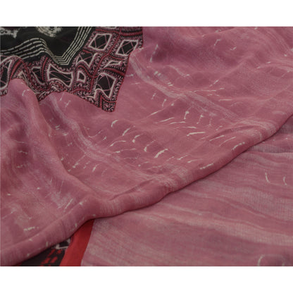 Sanskriti Vintage Sarees Pink/Black Pure Georgette Silk Print Sari Craft Sustainable Fabric