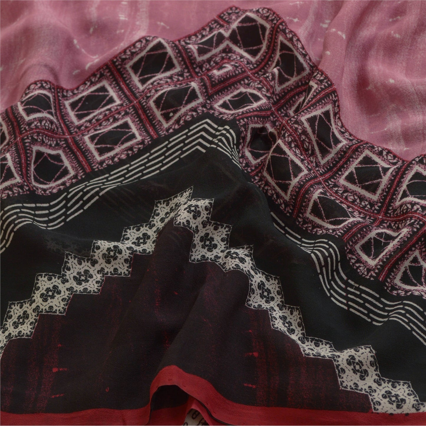 Sanskriti Vintage Sarees Pink/Black Pure Georgette Silk Print Sari Craft Sustainable Fabric
