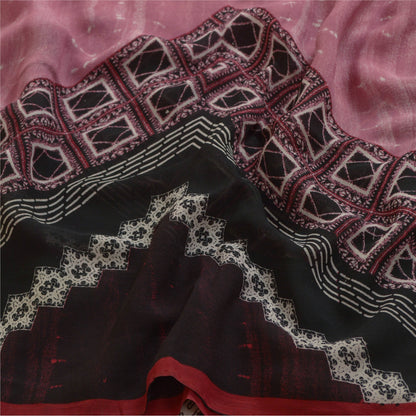 Sanskriti Vintage Sarees Pink/Black Pure Georgette Silk Print Sari Craft Sustainable Fabric