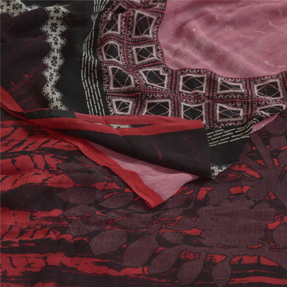 Sanskriti Vintage Sarees Pink/Black Pure Georgette Silk Print Sari Craft Sustainable Fabric