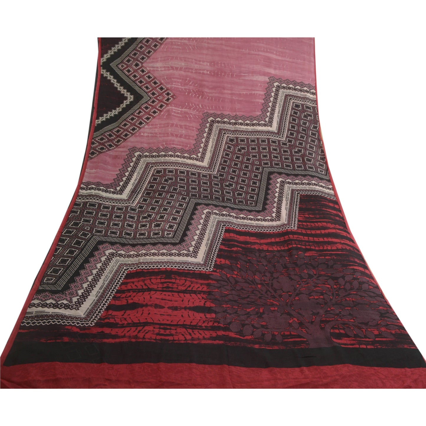 Sanskriti Vintage Sarees Pink/Black Pure Georgette Silk Print Sari Craft Sustainable Fabric