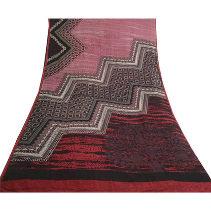 Sanskriti Vintage Sarees Pink/Black Pure Georgette Silk Print Sari Craft Sustainable Fabric