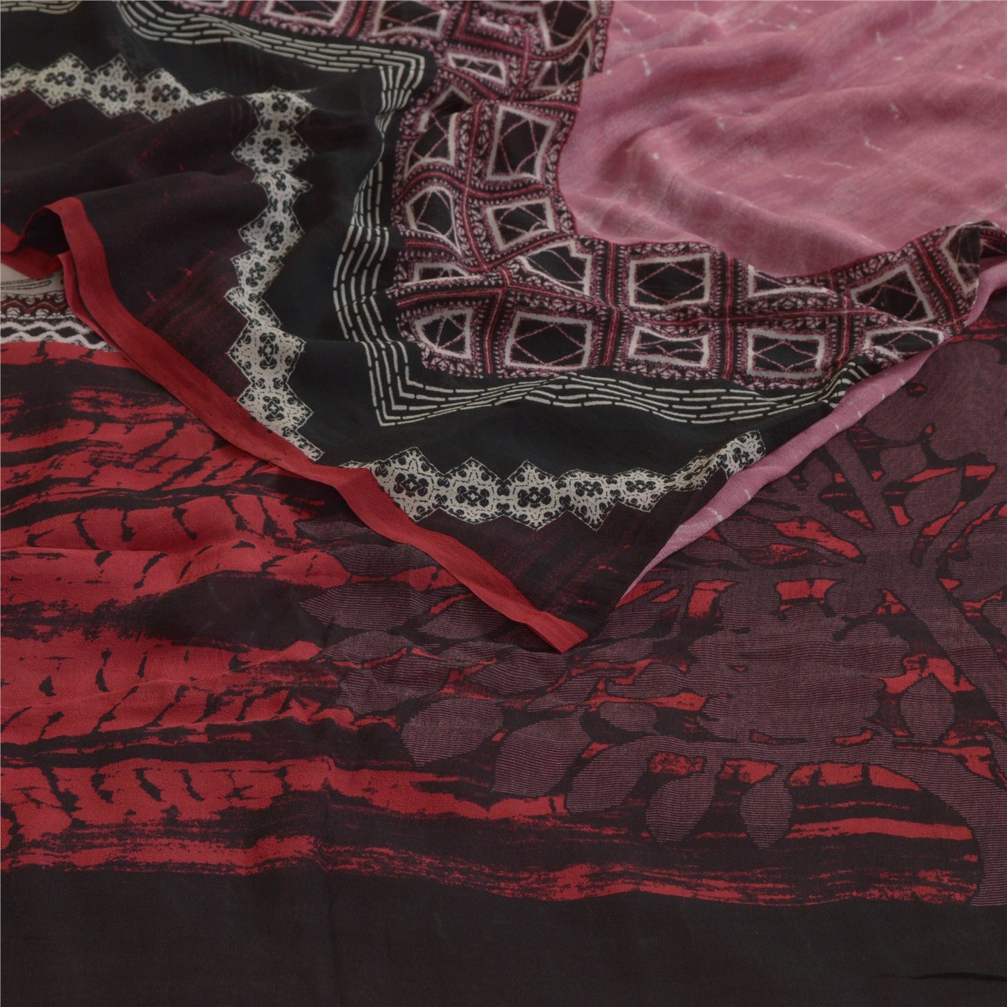 Sanskriti Vintage Sarees Pink/Black Pure Georgette Silk Print Sari Craft Sustainable Fabric