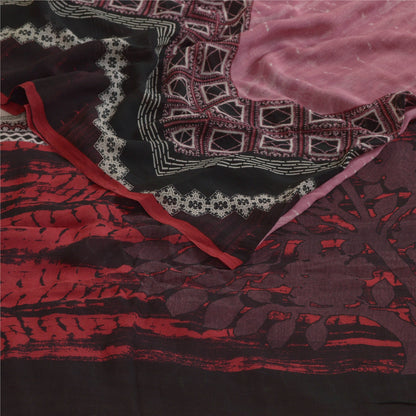Sanskriti Vintage Sarees Pink/Black Pure Georgette Silk Print Sari Craft Sustainable Fabric