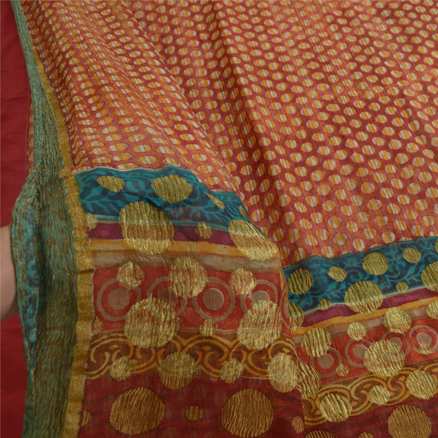Sanskriti Vintage Sarees Red Pure Georgette Silk Printed Woven Sari 5yd Sustainable Fabric