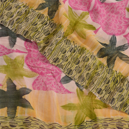 Sanskriti Vintage Sarees Pink/Green Printed Pure Georgette Silk Sari 5yd Sustainable Fabric