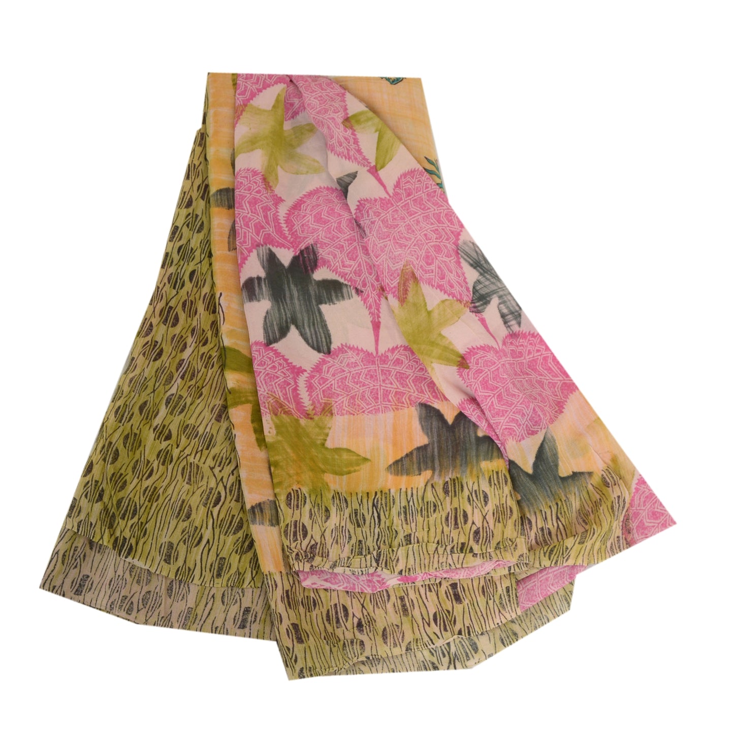 Sanskriti Vintage Sarees Pink/Green Printed Pure Georgette Silk Sari 5yd Sustainable Fabric