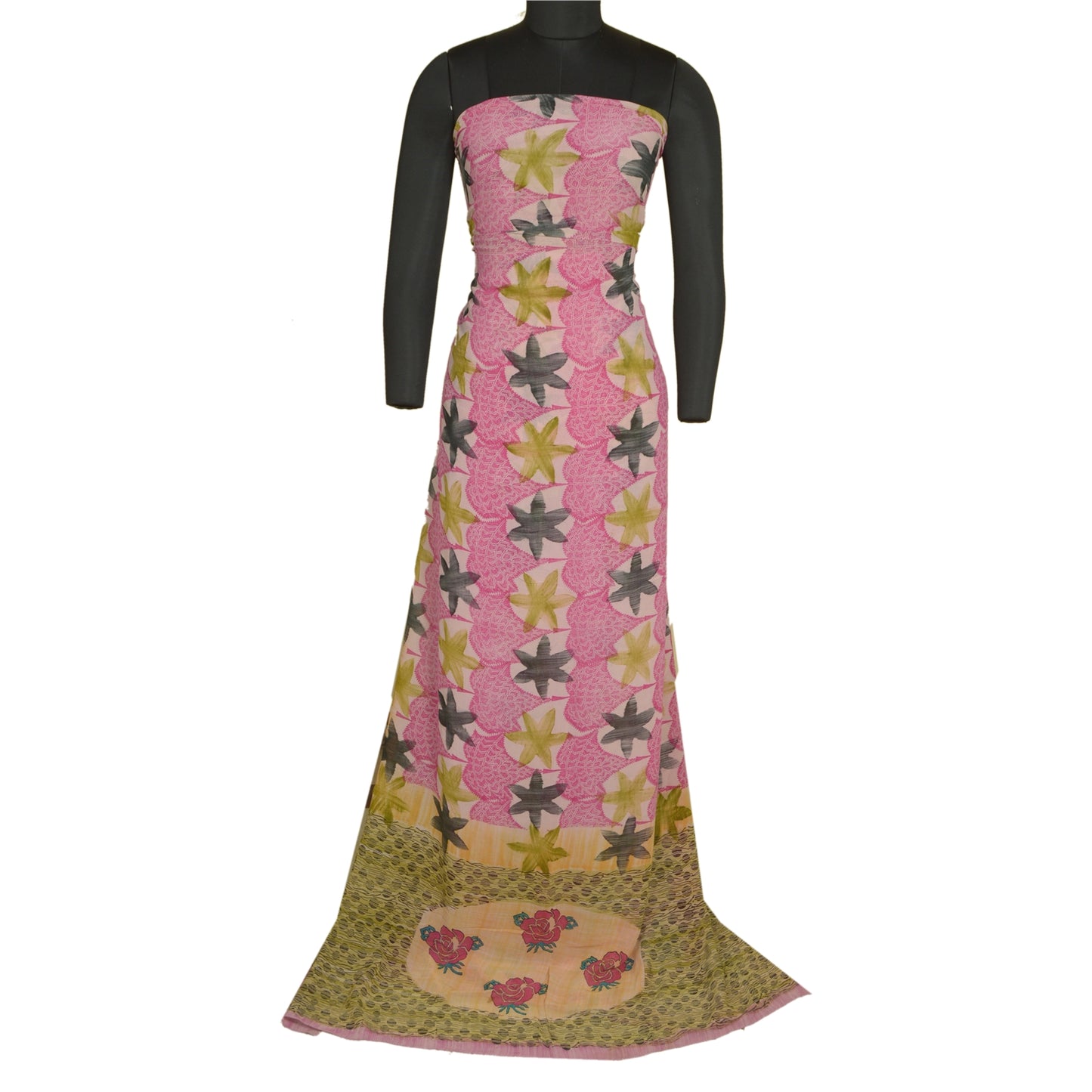 Sanskriti Vintage Sarees Pink/Green Printed Pure Georgette Silk Sari 5yd Sustainable Fabric