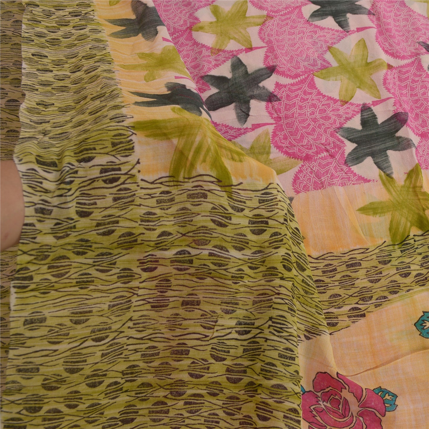 Sanskriti Vintage Sarees Pink/Green Printed Pure Georgette Silk Sari 5yd Sustainable Fabric