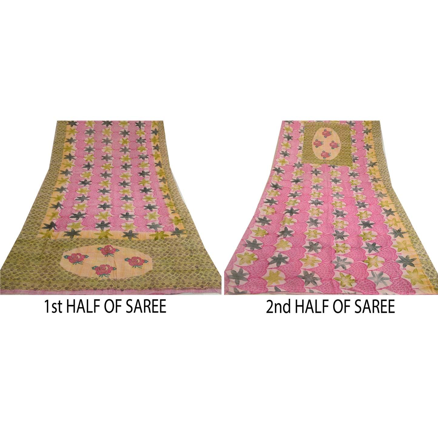Sanskriti Vintage Sarees Pink/Green Printed Pure Georgette Silk Sari 5yd Sustainable Fabric