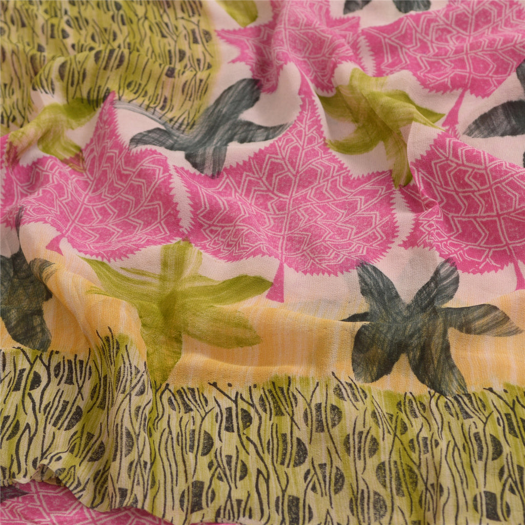Sanskriti Vintage Sarees Pink/Green Printed Pure Georgette Silk Sari 5yd Sustainable Fabric
