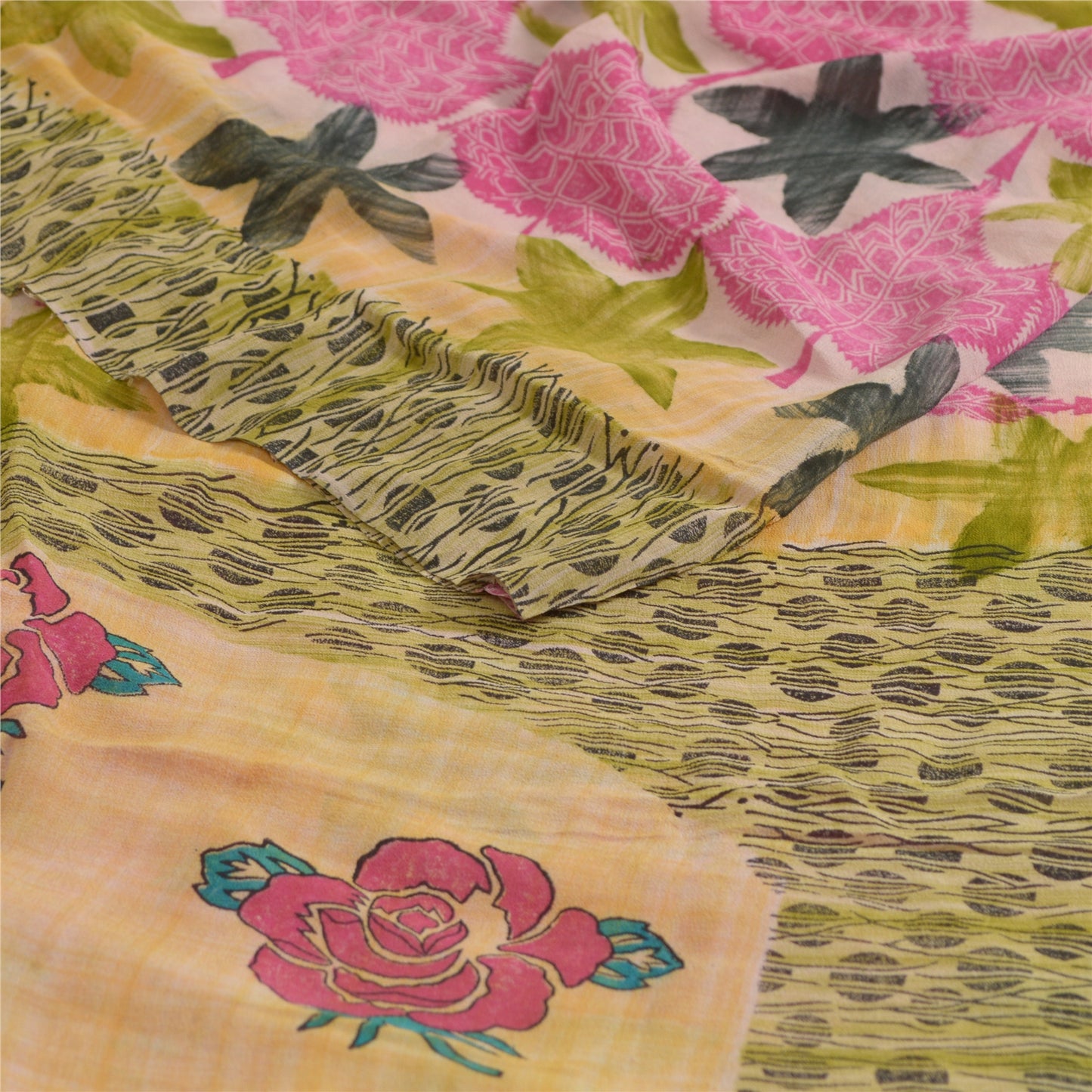 Sanskriti Vintage Sarees Pink/Green Printed Pure Georgette Silk Sari 5yd Sustainable Fabric