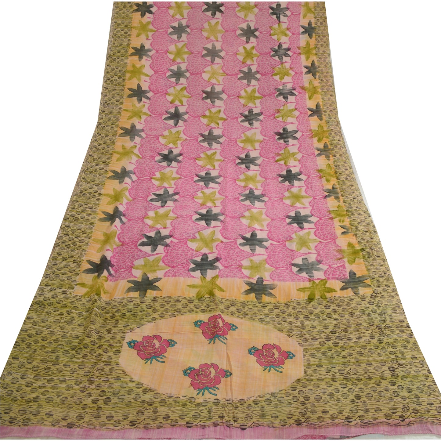 Sanskriti Vintage Sarees Pink/Green Printed Pure Georgette Silk Sari 5yd Sustainable Fabric