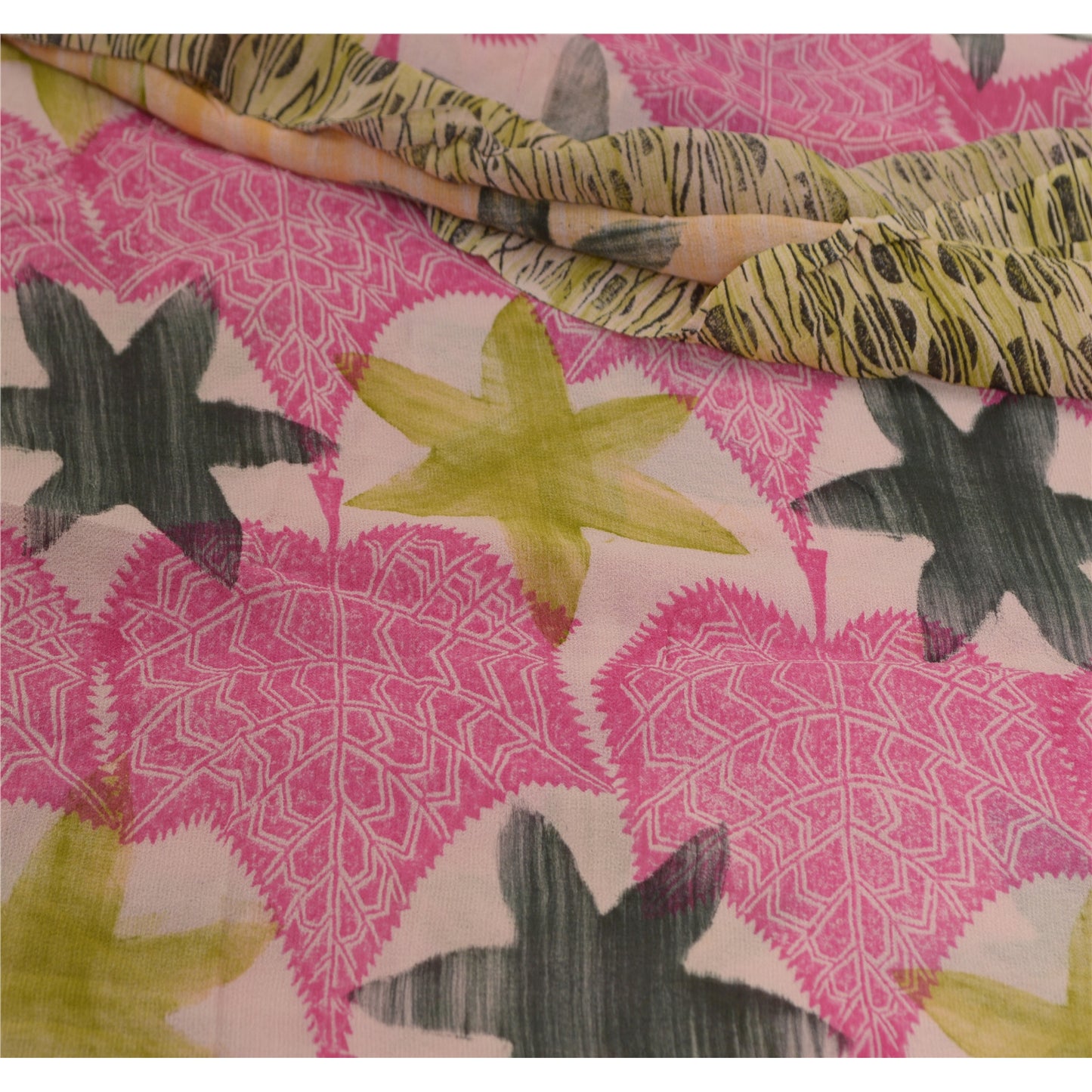 Sanskriti Vintage Sarees Pink/Green Printed Pure Georgette Silk Sari 5yd Sustainable Fabric