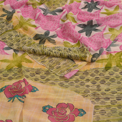 Sanskriti Vintage Sarees Pink/Green Printed Pure Georgette Silk Sari 5yd Sustainable Fabric