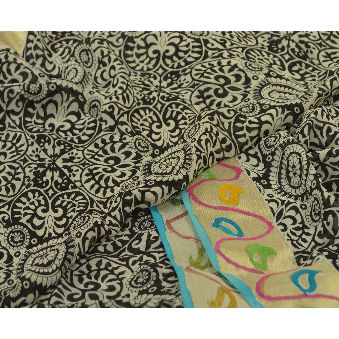 Sanskriti Vintage Sarees Black Blend Georgette Woven Border Printed Sari Sustainable Fabric