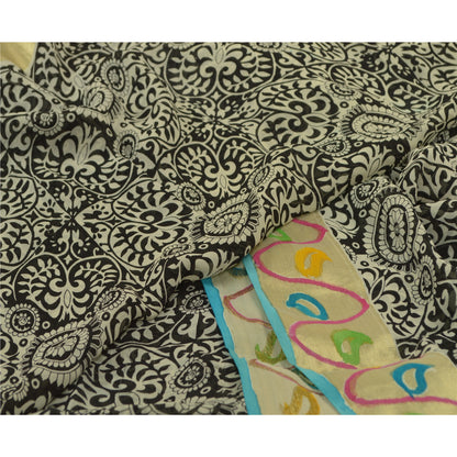 Sanskriti Vintage Sarees Black Blend Georgette Woven Border Printed Sari Sustainable Fabric