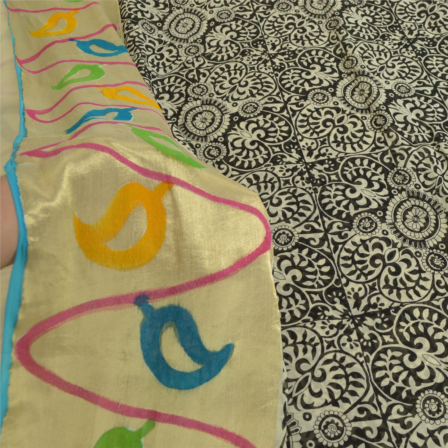 Sanskriti Vintage Sarees Black Blend Georgette Woven Border Printed Sari Sustainable Fabric