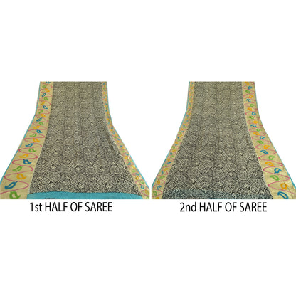 Sanskriti Vintage Sarees Black Blend Georgette Woven Border Printed Sari Sustainable Fabric