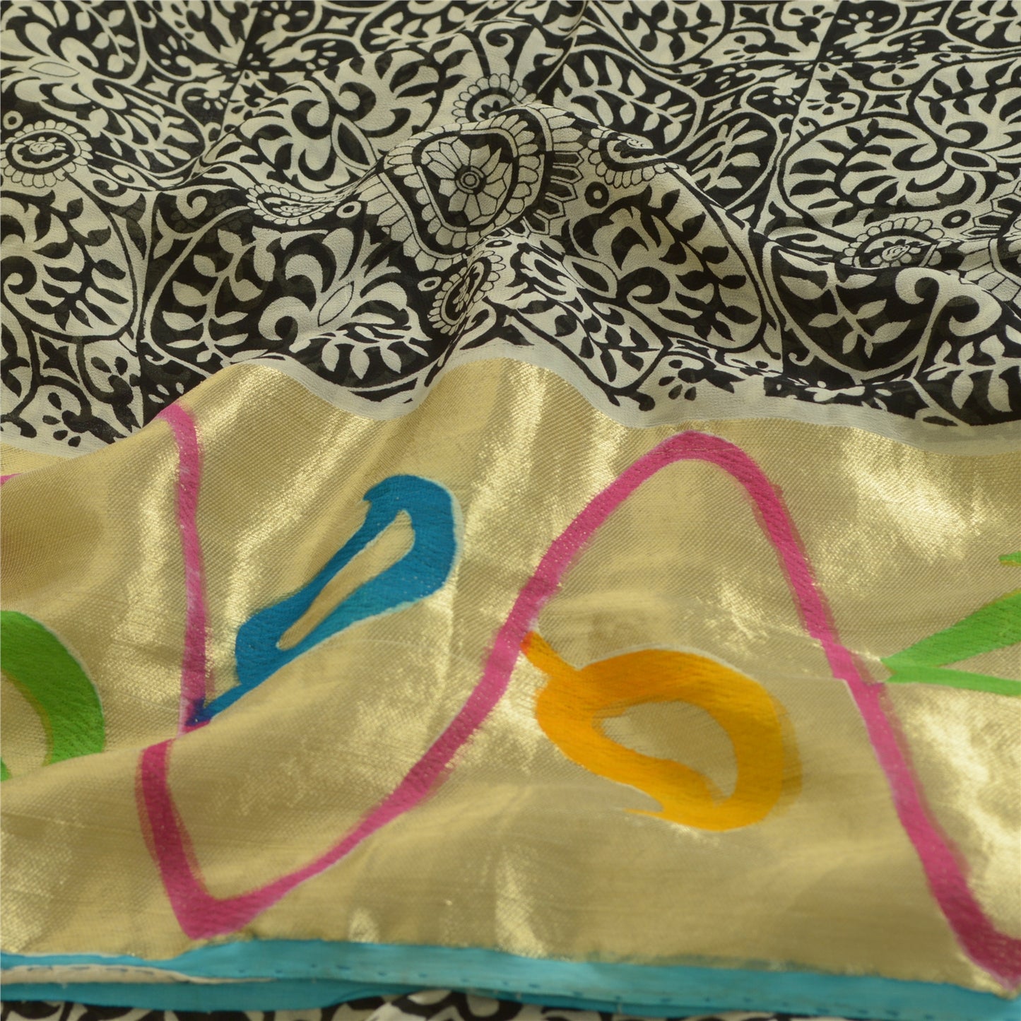 Sanskriti Vintage Sarees Black Blend Georgette Woven Border Printed Sari Sustainable Fabric