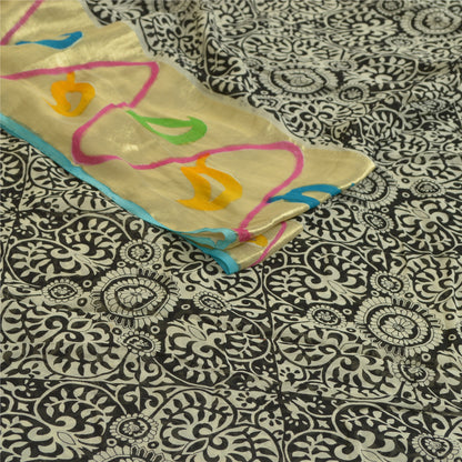 Sanskriti Vintage Sarees Black Blend Georgette Woven Border Printed Sari Sustainable Fabric